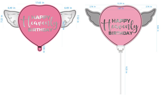 Heavenly 2-PK Combo Pink Happy Heavenly Birthday Balloon & Heavenly Birthday Balloon on a Stick Heart Shaped with angel wings dimensions