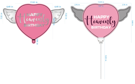 Heavenly 2-PK Combo Pink/Purple Happy Heavenly Birthday Balloon & Heavenly Birthday Balloon on a Stick Heart Shaped with angel wings dimensions