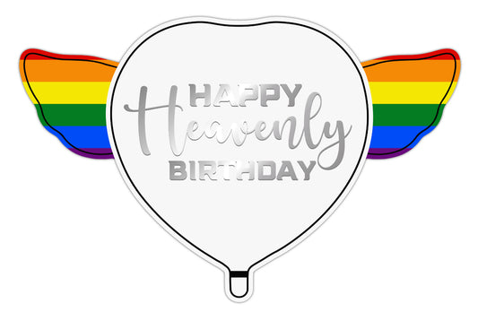 LGBTQ Happy Heavenly Birthday Heart Shaped Balloons with colorful angel wings with the word "Heavenly" in silver
