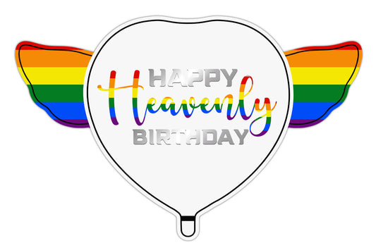 LGBTQ Happy Heavenly Birthday Heart Shaped Balloons with angel wings "Heavenly Colorful"