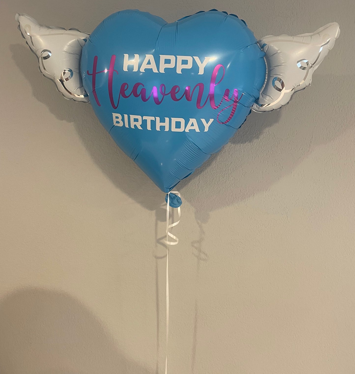 Happy Heavenly Birthday Heart Shaped Balloons with angel wings