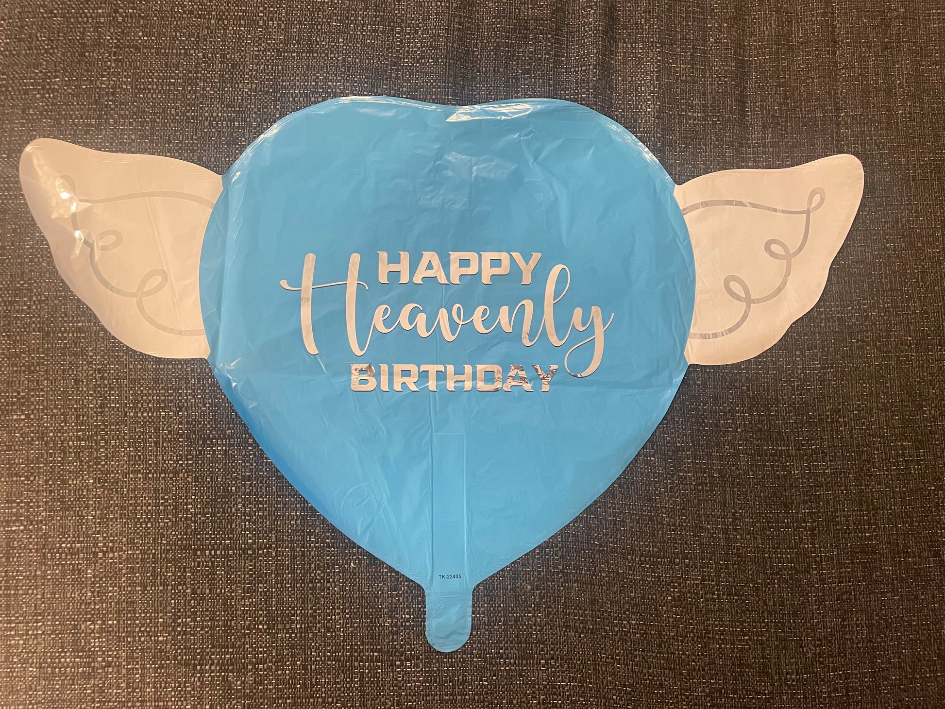 Heart-Shaped Blue Happy Heavenly Birthday Balloon with white angel wings