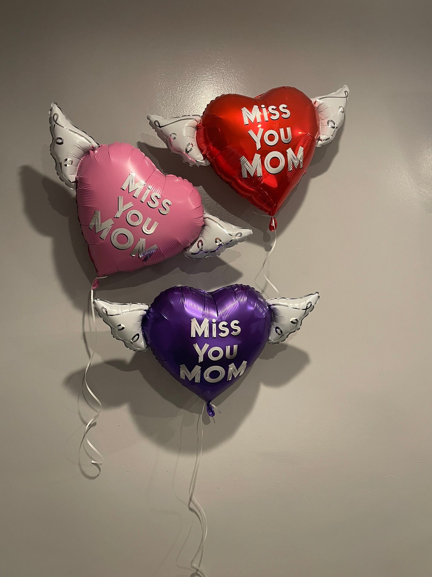 Miss You Mom Heavenly Balloons ™ Heart Shaped with angel wings (Red, Pink & Purple)