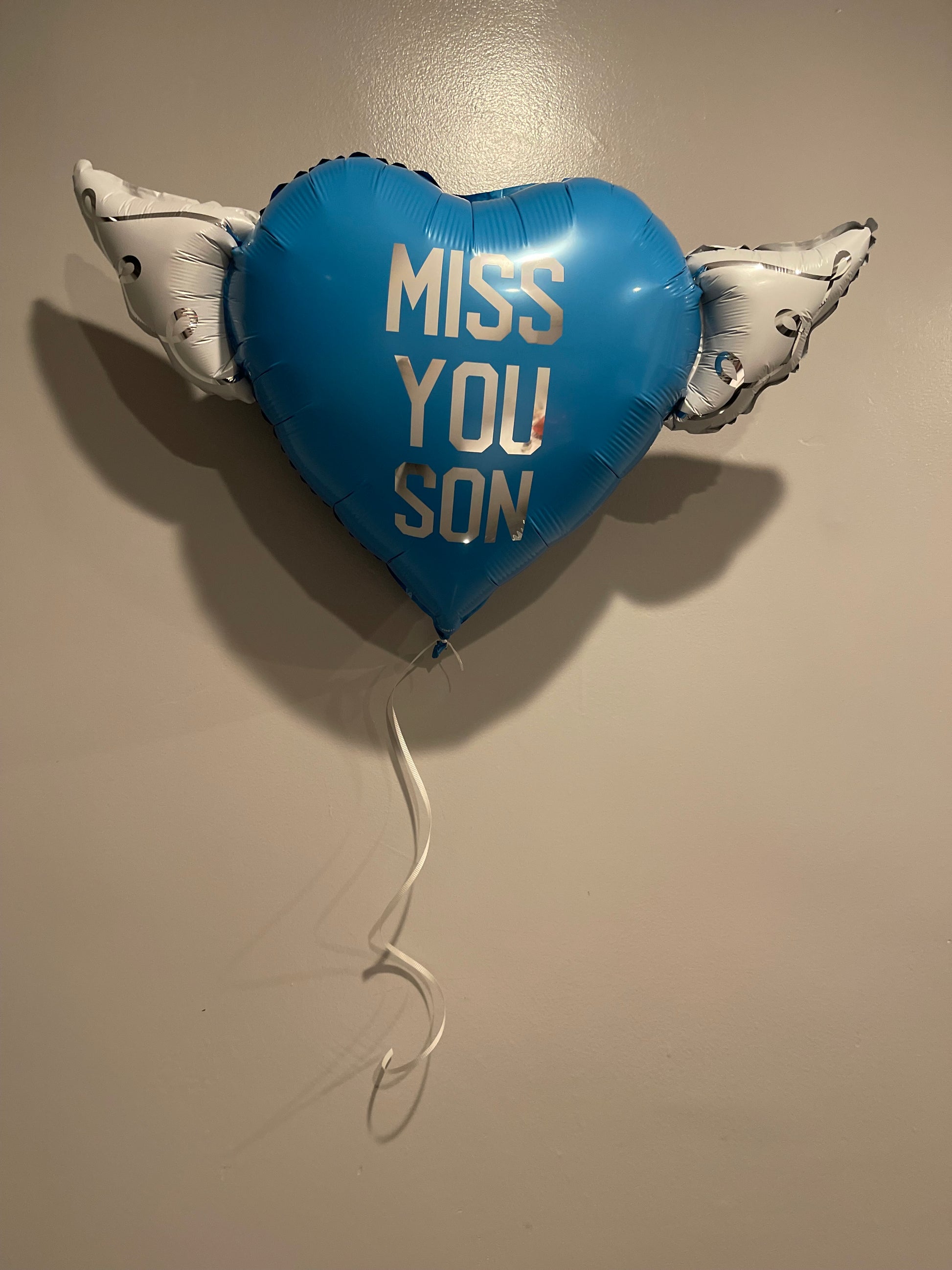Miss You Son Heavenly Balloons ™ Heart Shaped with angel wings (Blue)