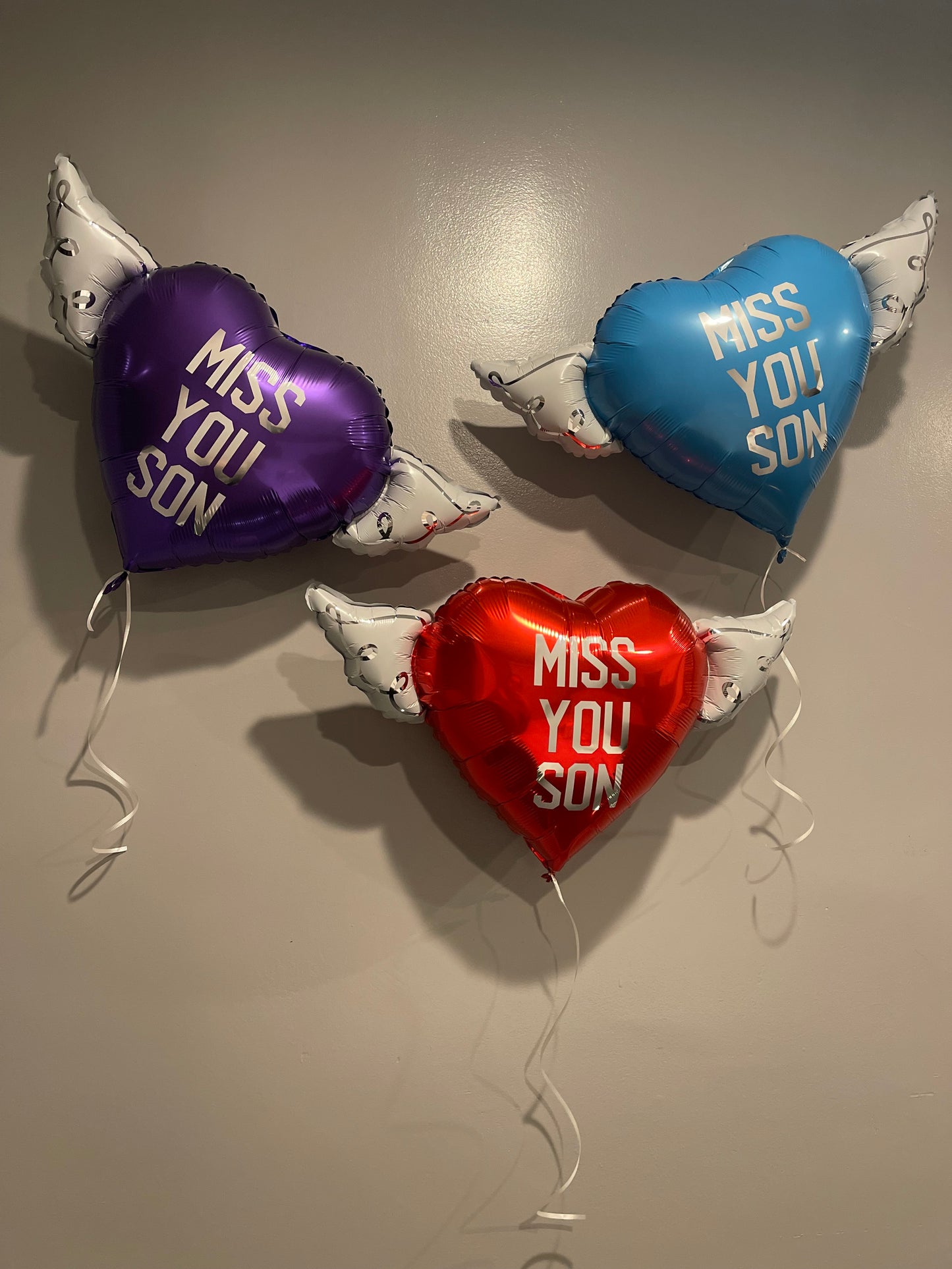 Miss You Son Heavenly Balloons ™ Heart Shaped with angel wings (Purple, Blue & Red)