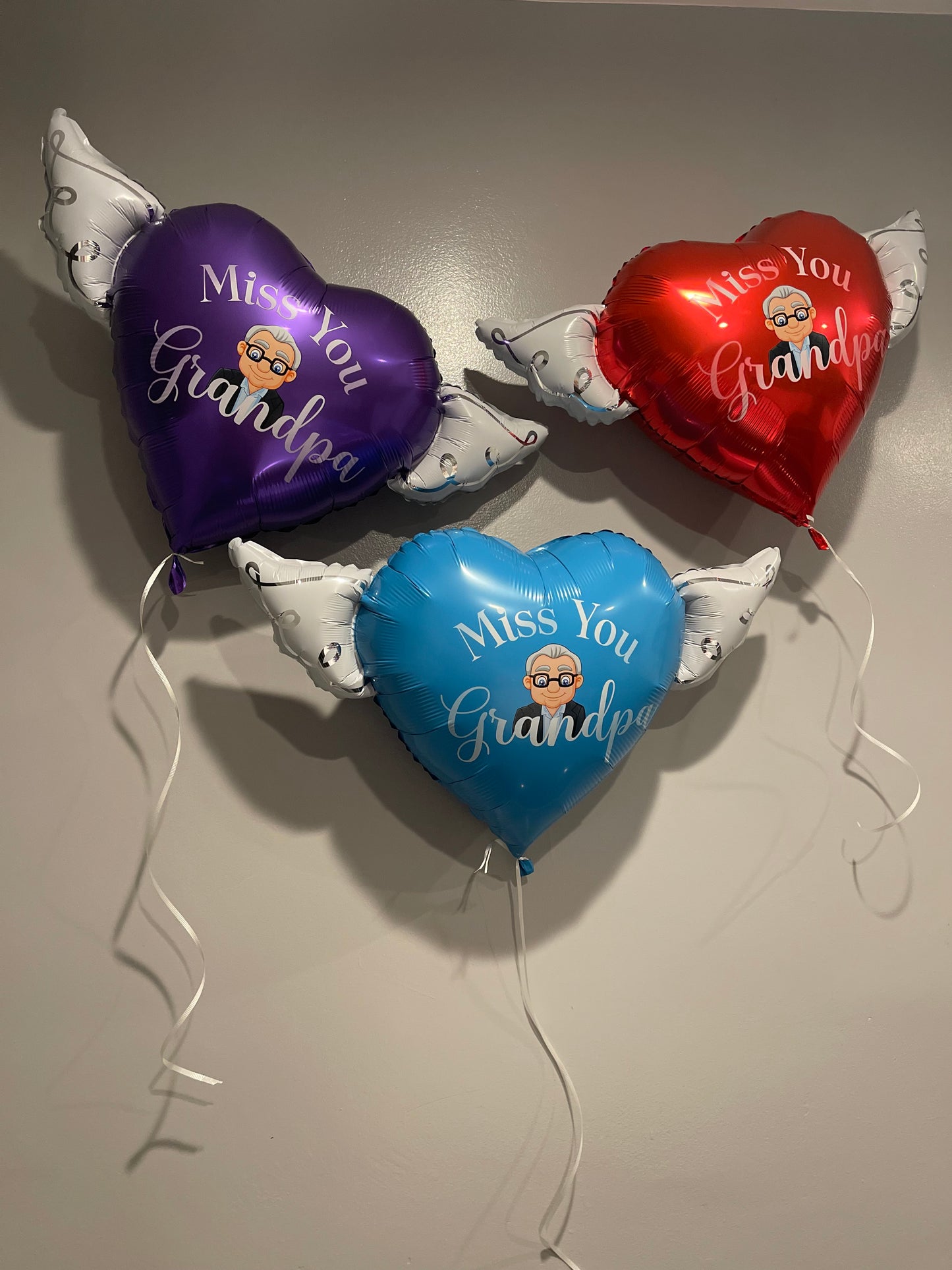 Miss You Grandpa Heavenly Balloons ™ Heart Shaped with angel wings (Purple, Red & Blue)