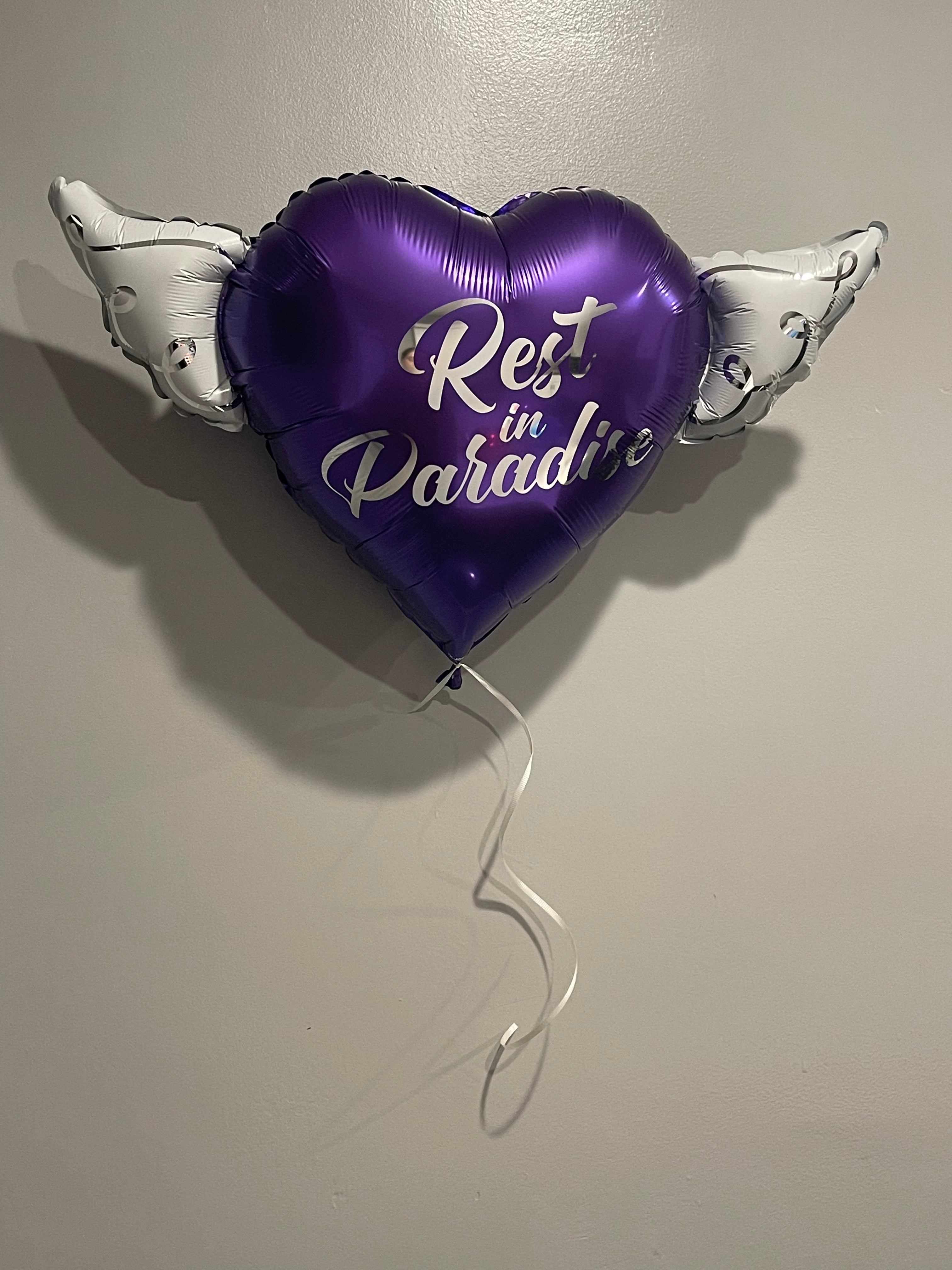 Rest In Paradise Heavenly Balloons ™ Heart Shaped with angel wings (Purple)