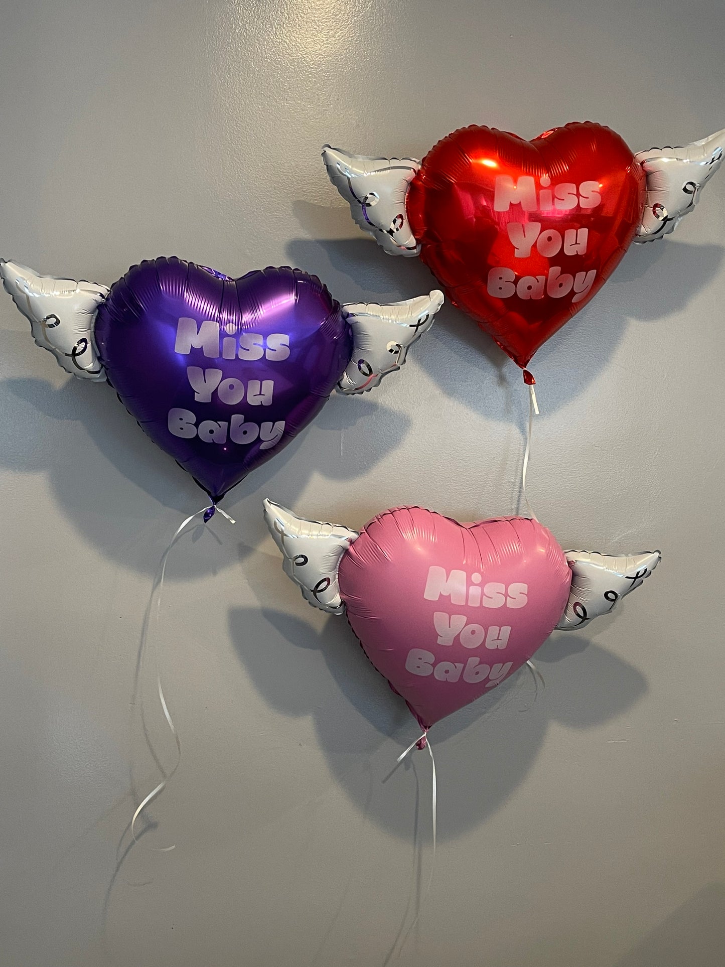 Heart Shaped MISS YOU BABY Heavenly Balloons with angel wings (Pink, Red & Purple)