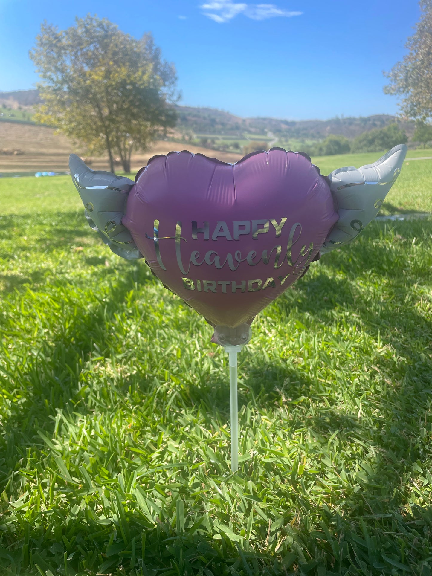 Heavenly Balloons ™ on a Stick Happy HEAVENLY BIRTHDAY pink heart shaped with angel wings