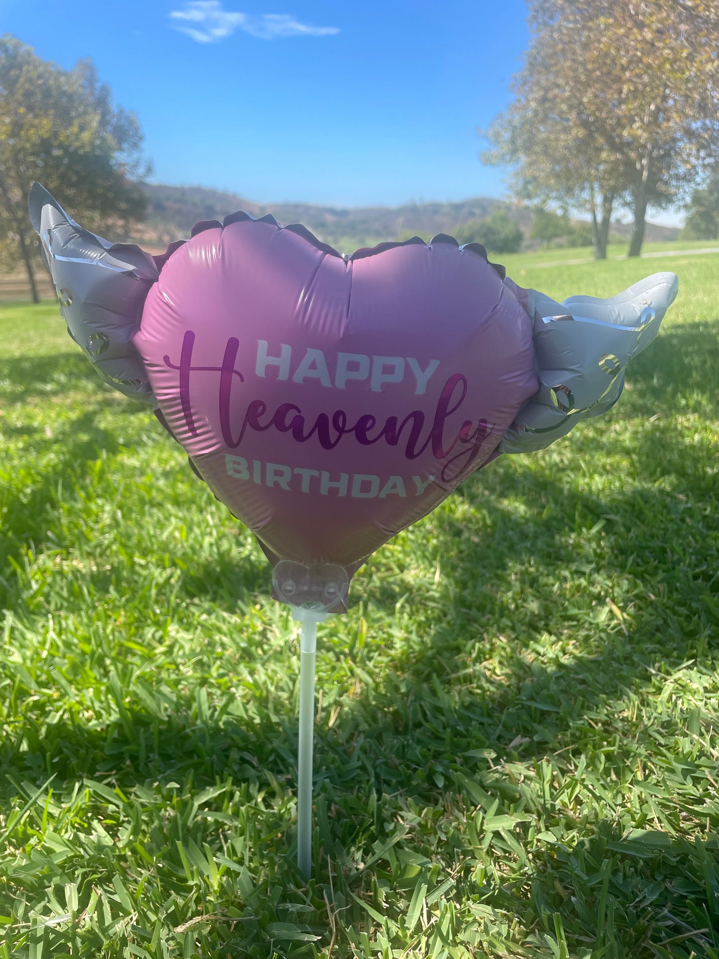 Heavenly Balloons ™ on a Stick Happy HEAVENLY BIRTHDAY pink/purple heart shaped with angel wings