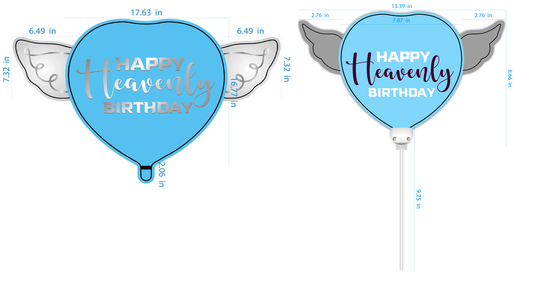 Heavenly 2-PK Combo Blue/Purple Happy Heavenly Birthday Balloon & Heavenly Birthday Balloon on a Stick Heart Shaped with angel wings dimensions