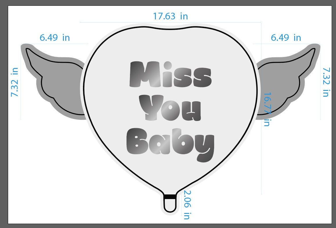 Heart Shaped MISS YOU BABY Heavenly Balloons with angel wings dimensions