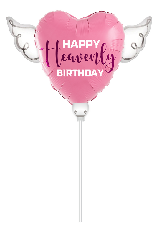 Heavenly Balloons ™ on a Stick Happy HEAVENLY BIRTHDAY pink/purple heart shaped with angel wings