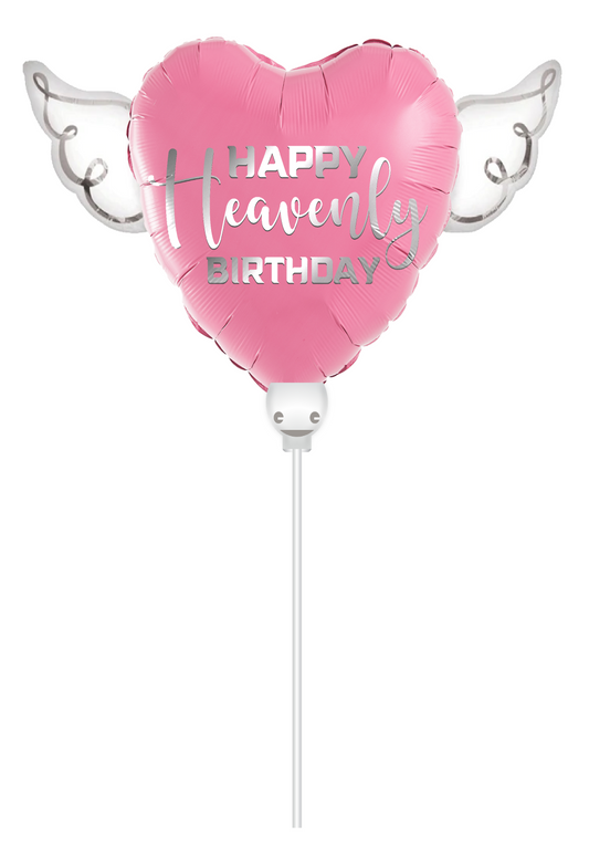 Heavenly Balloons ™ on a Stick Happy HEAVENLY BIRTHDAY pink heart shaped with angel wings