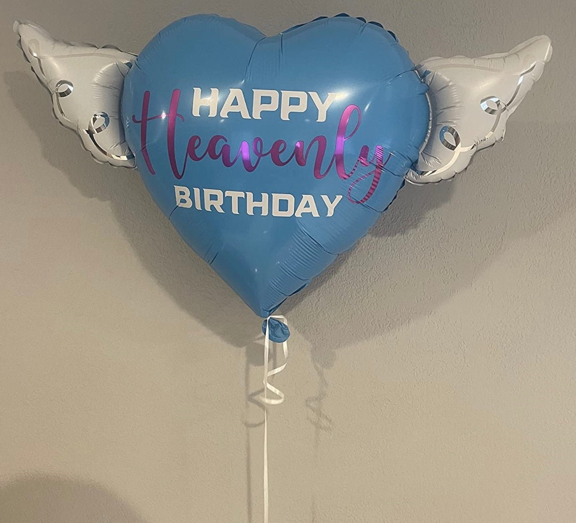 Happy Heavenly Birthday blue/purple heart shaped balloon with angel wings