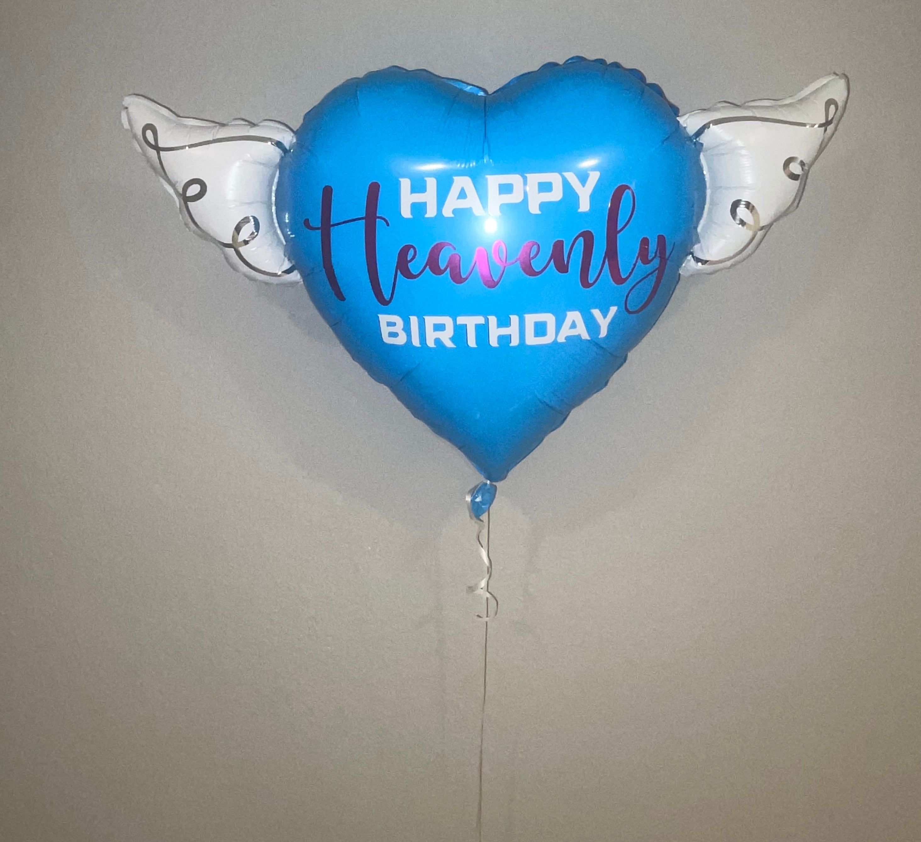 Happy Heavenly Birthday Heart Shaped Balloons with angel wings