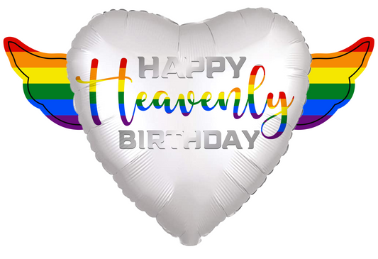 LGBTQ Happy Heavenly Birthday Heart Shaped Balloons with angel wings "Heavenly Colorful"