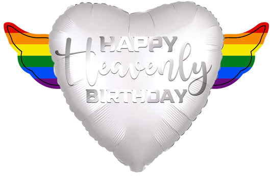 LGBTQ Happy Heavenly Birthday Heart Shaped Balloons with colorful angel wings with the word "Heavenly" in silver