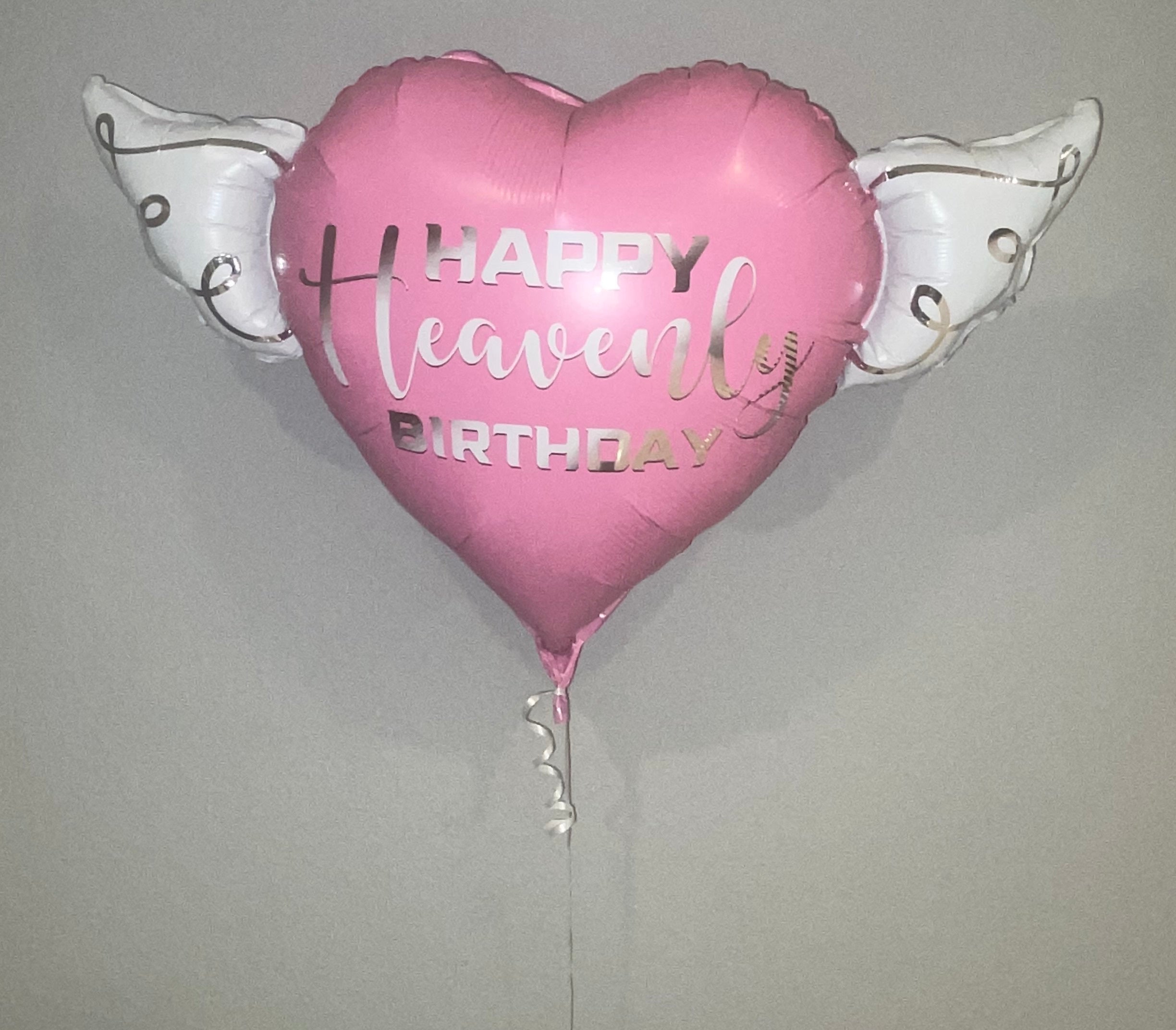 Happy HEAVENLY Birthday pink heart shaped balloon with angel wings