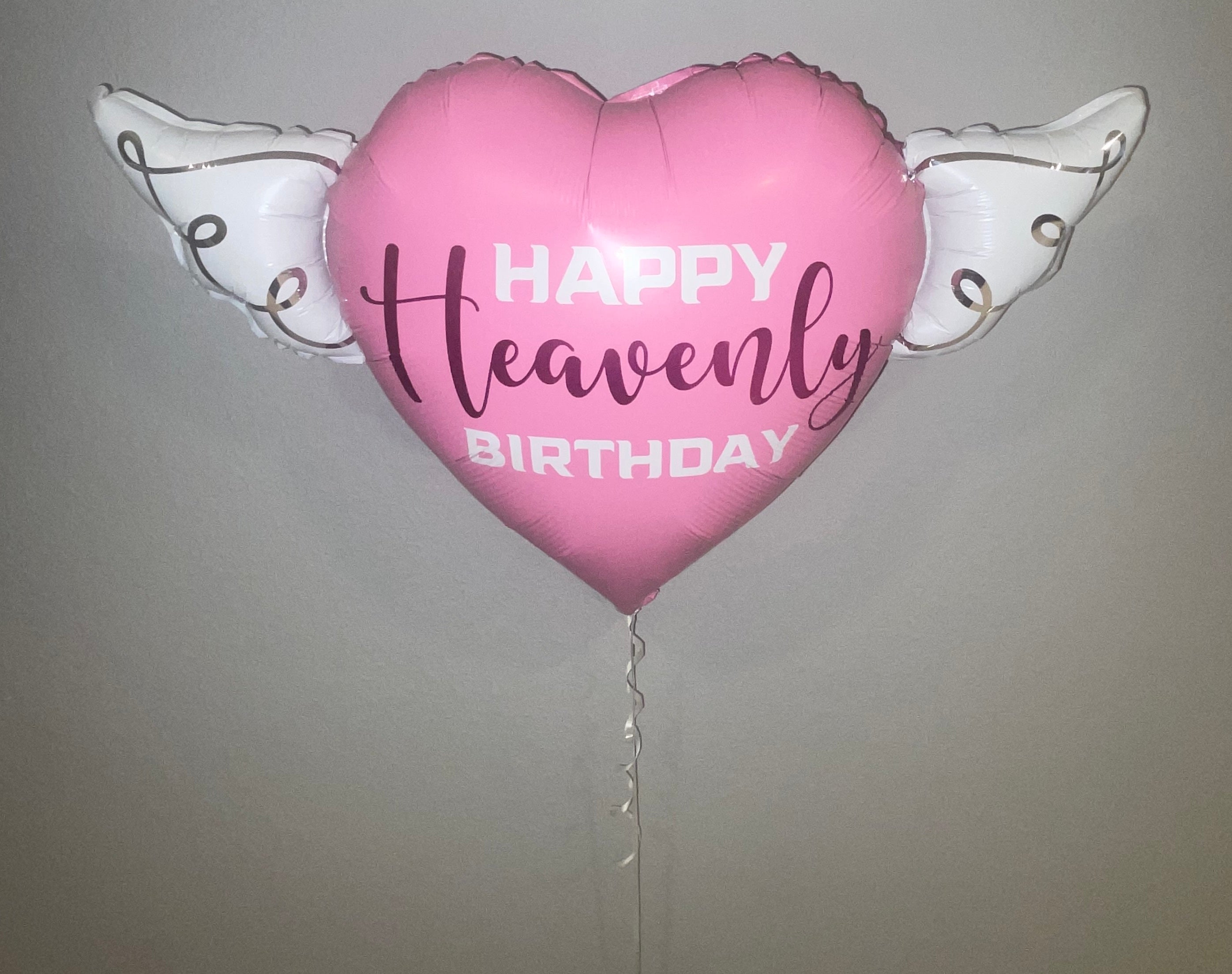 Heart-Shaped Blue Happy Heavenly Birthday Balloon with white angel wings