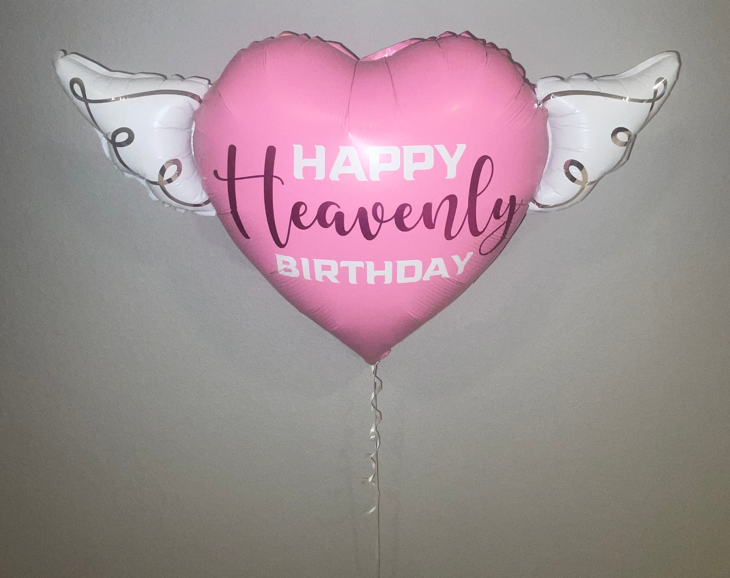 Happy Heavenly Birthday pink/purple heart shaped balloon with angel wings